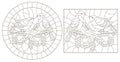 Contour set with illustrations of stained glass Windows with birds on pine branches, dark contours on a white background