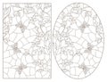 Contour set with illustrations of stained glass Windows with branches of a flowering tree and butterflies, dark outlines on a whi