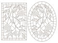 Contour set with illustrations of stained glass Windows with branches, leaves and berries of Rowan, dark contours on a white bac