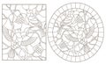 Contour set with   illustrations of stained glass Windows with bullfinches sitting on the branches of snow-covered mountain ash, d Royalty Free Stock Photo