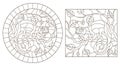 Contour set with illustrations of stained glass Windows with chameleons on tree branches dark contours on a light background