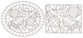 Contour set with illustrations of stained glass Windows with Christmas toys and serpentine, dark contours on a white background