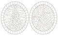 Contour set with illustrations of stained glass Windows with Christmas trees , dark contours on a white background Royalty Free Stock Photo