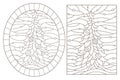 Contour set with illustrations of stained glass Windows with Christmas trees , dark contours on a white background