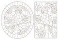 Contour set with illustrations of stained glass Windows with cockatoos parrots sitting on the branches of tropical trees, dark c