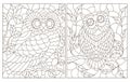 Contour set with  illustrations of stained glass Windows with cute cartoon owls on tree branches, dark outlines on a white backgro Royalty Free Stock Photo