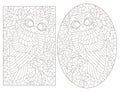 Contour set with illustrations of stained glass Windows with cute cartoon owls on tree branches, dark outlines on a white backgrou Royalty Free Stock Photo
