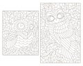 Contour set with   illustrations of stained glass Windows with cute cartoon owls on tree branches, dark outlines on a white backgr Royalty Free Stock Photo