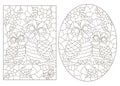 Contour set with illustrations of stained glass Windows with cute cartoon owls on tree branches, dark outlines on a white backgrou Royalty Free Stock Photo
