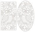 Contour set with illustrations of stained glass Windows with cute cartoon owls on tree branches, dark outlines on a white backgrou Royalty Free Stock Photo