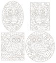 A set of contour illustrations of stained glass Windows with cartoon owls on tree branches, dark outlines on a white background