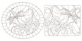 Contour set with illustrations of stained glass Windows with dragonflys and lilies, oval and rectangular images Royalty Free Stock Photo