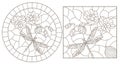 Contour set with illustrations of stained glass Windows with dragonflys and orchids, round and rectangular images Royalty Free Stock Photo