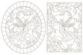 Contour set with illustrations of stained glass Windows with fairies on a background of colors , dark contours on a white backgro