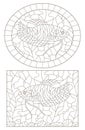 Contour set with  illustrations of stained glass Windows with fish on a background of algae , dark contours on a white background Royalty Free Stock Photo