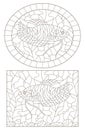 Contour set with illustrations of stained glass Windows with fish on a background of algae , dark contours on a white background