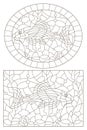 Contour set with illustrations of stained glass Windows with fish catfish , dark contours on a white background