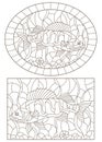 Contour set with illustrations of stained glass Windows with fish perch on the background of the bottom and algae , dark contours Royalty Free Stock Photo