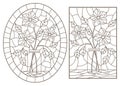 Contour set with illustrations of stained glass Windows with floral still lifes, dark contours on a white background