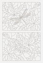 Set contour illustrations of the stained glass Windows with flowers and insects Royalty Free Stock Photo