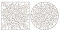 Contour set with   illustrations of stained glass Windows with flowers, roses and leaves , dark contours on white background Royalty Free Stock Photo