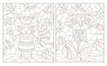 Contour set with illustrations of stained glass Windows with funny cartoon foxes and flowers, dark outlines on a white background