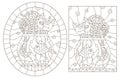 Contour set with illustrations of stained glass Windows with funny cats on aquariums , dark contours on white background