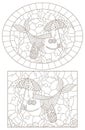 Contour set with illustrations of stained glass Windows with funny fishes , dark contours on a white background