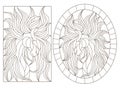 Contour set with illustrations of stained-glass Windows with horses, oval and rectangular image, dark contours on a white backgr