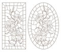 Contour set with illustrations of stained glass Windows with lilys in frames, dark contours on a white background, oval and recta