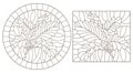 Contour set with illustrations of stained glass Windows with oak branches, acorns and leaves, dark contours on a white background