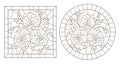 Contour set with illustrations of stained glass Windows with pansys in frames, dark contours on a white background, round and re Royalty Free Stock Photo