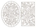 Contour set with illustrations of stained glass Windows with rosees in frames, dark contours on a white background, oval and rect Royalty Free Stock Photo