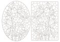 Contour set with illustrations of stained glass Windows with rosees in frames, dark contours on a white background, oval and recta