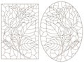 Contour set with  illustrations of stained glass Windows with rosees in frames, dark contours on a white background, oval and rect Royalty Free Stock Photo