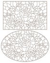 Contour set with illustrations of stained glass Windows with rosees in frames, dark contours on a white background, oval and rect Royalty Free Stock Photo