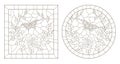 Contour set with illustrations stained glass Windows with roses and butterfly in the frame, round and square images