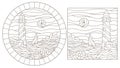 Contour set with illustrations of stained glass Windows with seascapes, lighthouses on the background of the sea and the Sunny s