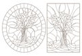 Contour set with  illustrations of stained glass Windows with still lifes, bouquets of daffodils and fruits, dark contours on a wh Royalty Free Stock Photo