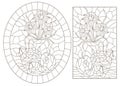 Contour set with illustrations of stained glass Windows with still lifes, flowers and fruits, dark outlines on a white background