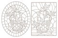 Contour set with illustrations of stained glass Windows with still lifes, fruit baskets, dark contours on a white background