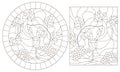 Contour set with illustrations of stained glass Windows with still lifes,jug and fruit, dark contours on a white background
