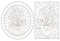 Contour set with illustrations of stained glass Windows with still lifes, poppies and pears, dark outlines on a white background