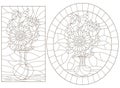 Contour set with illustrations of stained glass Windows with still lifes, vases with sunflower flowers, dark outlines on a white