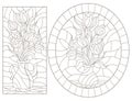 Contour set with illustrations of stained glass Windows with still lifes, vases with Tulip flowers, dark outlines on a white bac