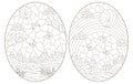 Contour set with  illustrations of stained glass Windows with summer landscapes, dark outlines on a white background, oval images Royalty Free Stock Photo