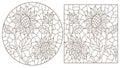 Contour set with illustrations of stained glass Windows with sunflowers, dark contours on a white background, oval and rectangular Royalty Free Stock Photo