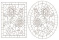 Contour set with illustrations of stained glass Windows with sunflowers in frames, dark contours on a white background, oval and