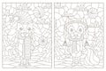 Contour set with illustrations of stained glass Windows on the theme of winter holidays, funny cartoon dogs on the background of