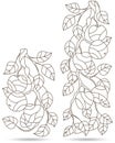 A set of contour illustrations of stained glass Windows with tree branches, Apple tree branch with ripe fruit and leaves